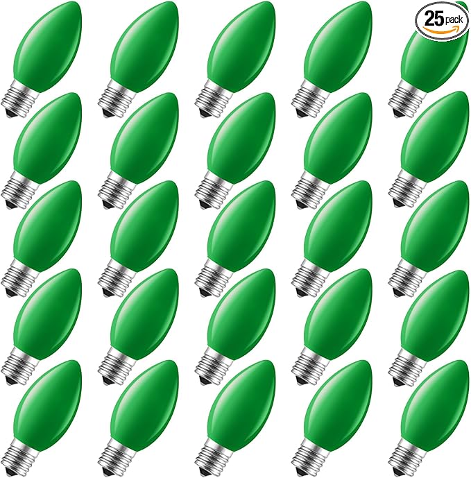 Brightown C9 LED Replacement Christmas Bulbs, 25 Pack Green Shatterproof C9 Bulbs, Waterproof Commercial LED Holiday Bulb for Christmas String Light, E17 Intermediate Base, Dimmable