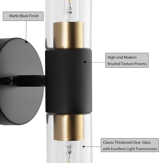 Modern Knurled Texture Wall Sconce Clear Glass Shade Modern Gold Black Bathroom Vanity Light Fixtures 2-Lights Mid Century Wall Light for Mirror Living Room Hallway E26 T10 Bulbs(Excluded)