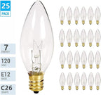 SUNSGNE 25 Pack Candle Light Bulbs, C26 Crystal Clear Torpedo Candelabra Light Bulb for Chandeliers, Window Candle Bulbs, Nightlight Bulb- 7 Watt Light Bulbs- E12 Candelabra Base