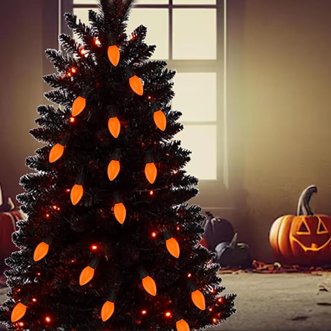 C7 Orange Light Bulbs- 25 Pack Vintage Ceramic Orange Light Replacement Bulbs for Halloween Christmas Lights Night Light Chandelier Fall Holiday Decor, E12 Candelabra Base, 5 Watts