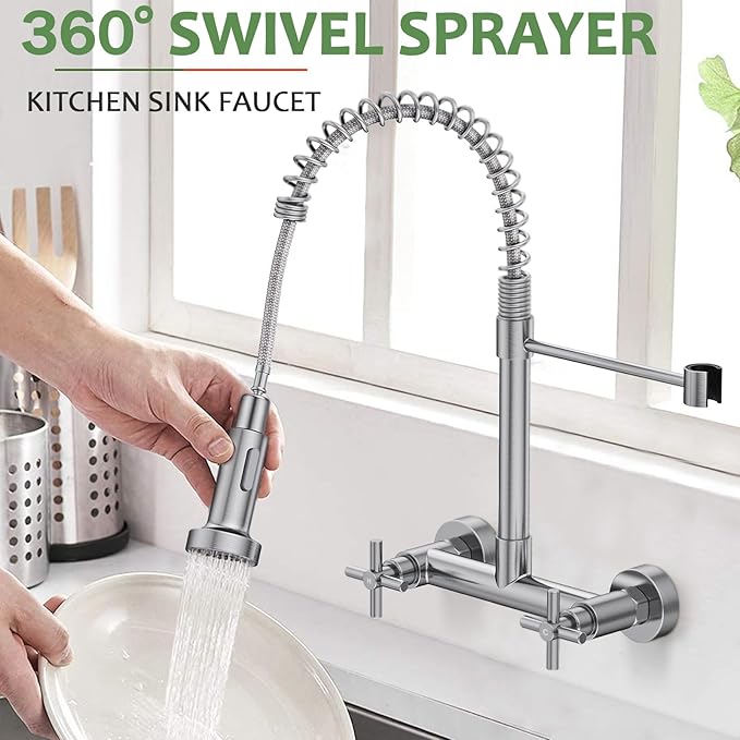 Wall Mount Kitchen Faucet, Hurran Brushed Nickel Kitchen Sink Faucet, 8 Inch 2 Handle Wall Mount Commercial Sink Faucet with Pull Down Sprayer for Kitchen Laundry Room Restaurant