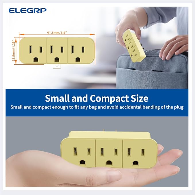 ELEGRP 2 to 3 Prong Grounded Triple Outlet Extender, 2-Prong to 3-Prong Adapter Converters for Wall Outlets, Portable Polarized Wall Plug Splitter with 3 AC Outlets, ETL Listed, 3 Packs, Ivory