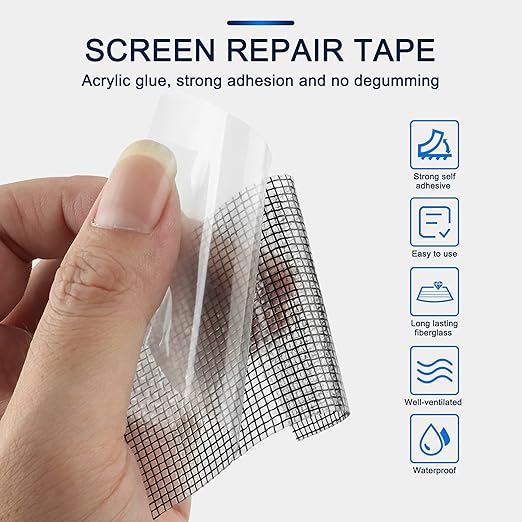 Window Screen Repair Kit 2 in X 16.5FT 3-Layer Strong Adhesive & Waterproof Tape Fiberglass Covering mesh, Repair for Window Screen and Screen Door tears Holes (2 in X 16.5FT)