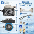 Hot Water Recirculating Pump Kit, Circulation Pump, with Brass Sensor Valve Kit, 1/2’’ Stainless Steel Braided Hose, and Water Heater Timer for Tank Water Heaters