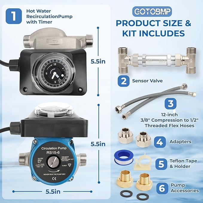 Hot Water Recirculating Pump Kit, Circulation Pump, with Brass Sensor Valve Kit, 1/2’’ Stainless Steel Braided Hose, and Water Heater Timer for Tank Water Heaters