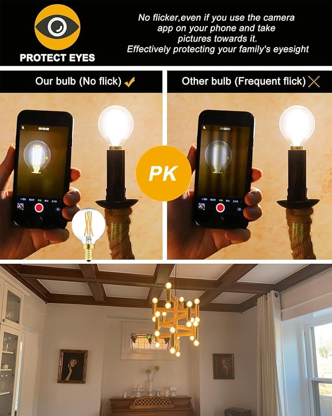 G16.5 E12 Globe Bulbs 6W Dimmable Candelabra Light Bulb 60 watt E12 Round 2700K Warm White Globe Bulb for Chandeliers,Ceiling Fan,Pendant,Wall sconces,AC120V,Clear Glass,600LM,6Pack