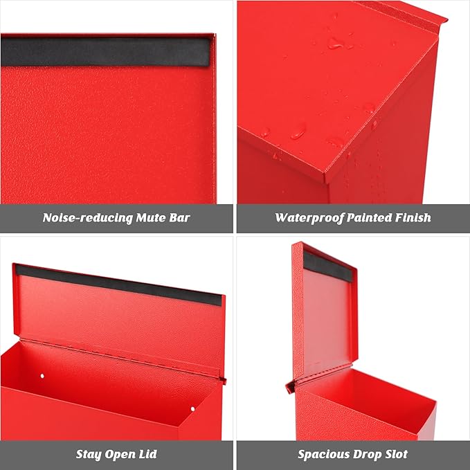 KYODOLED Wall-Mount Mailbox, Large Capacity Mail Box, Galvanized Steel Rust-Proof Metal Post Box, Mailboxes for Outside,15.7"x9.9"x4.9" Red