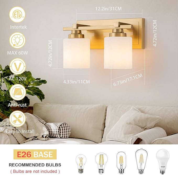 2 Light Modern Bathroom Light Fixtures Over Mirror, Brass Finish Vanity Lights for Bathroom Wall Sconces with Milky White Glass Shades, E26 Socket (Bulbs Not Included)