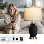 23" Set of 2 Black Ceramic Farmhouse Table Lamp with Ginger Jar Design, Bedside USB Lamps for Living Room,Dining Room,Bedroom,Office,Nightstand,End Table