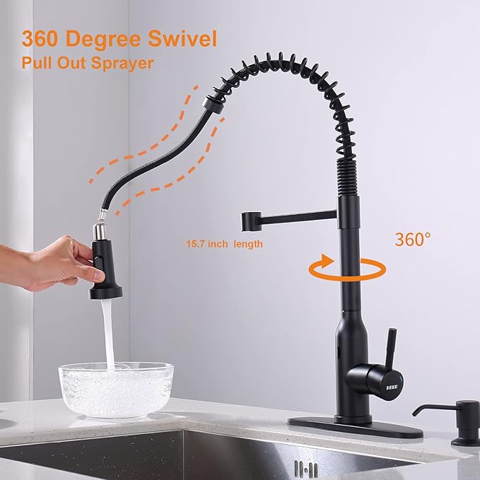 Black Touchless Kitchen Faucet ， KEER Smart Motion Sensor Hands Free Single Handle Spring Kitchen Sink Faucet with Pull Down Sprayer
