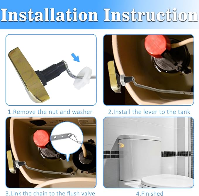 Toilet Handle Replacement Kit, Universal Side Mount Toilet Tank Flush Lever with Stainless Steel Flapper Chains Compatible with Kohler K-87115 Trip Lever, Polished/Shiny Gold