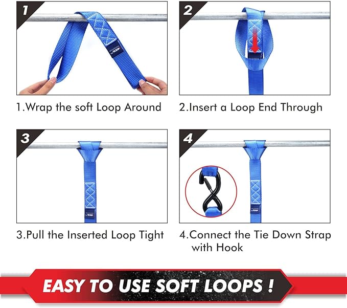 MOCA Blue Heavy Duty Ratchet Tie Down Straps - 5200 Lbs Breaking Strength 1.6" x 8', Includes 4 Heavy Duty Ratchet Padded Handles & Coated Chromoly S Hooks & 4 Soft Loop Tie-Downs