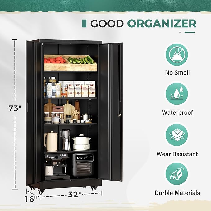 Greenvelly Metal Garage Storage Cabinet with Wheels, Black 73" Rolling Metal Cabinet with Locking Doors and Adjustable Shelves, Tool Organization with Wheels for Home,Kitchen,Office