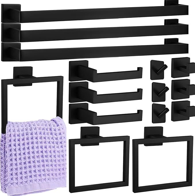15-PCS 24inch Bathroom Towel Rack Set,Include 3pcs 24" Towel Holder,3pcs Hand Towel Ring,3pcs Toilet Paper Holder,6pcs Robe Hook-Matte Black