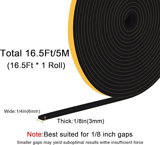 Weather Stripping Door Seal 1/4 inch Wide x 1/8 inch Thick Foam Insulation Door Seal Strip for Door Frame,Lightproof, Total 16.5Feet (16.5Ft x 1 Roll)