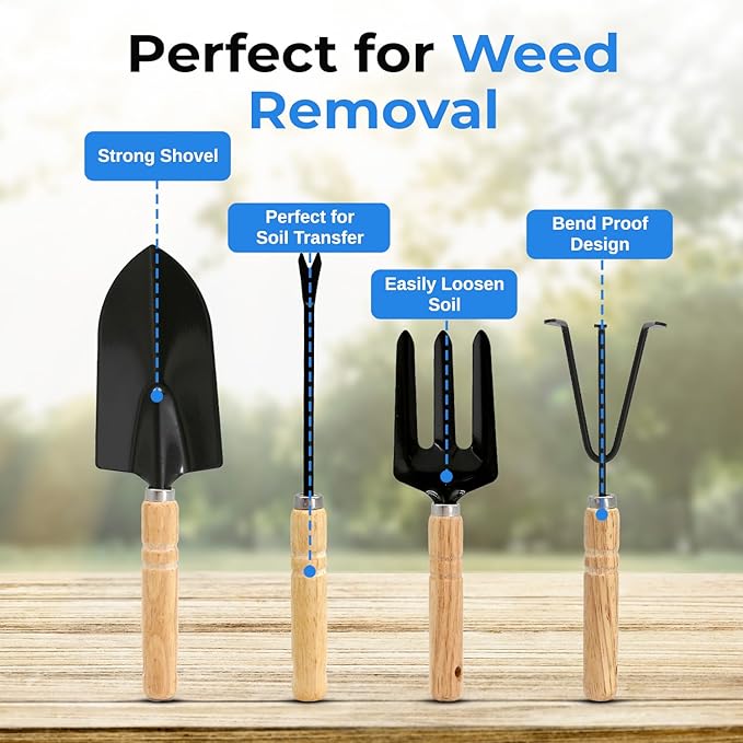 Scuddles 9-Piece Garden Tool Set – Heavy Duty Stainless Steel Gardening Tools with Non-Slip Rubber Grip Handles, Weed Puller Tool, Garden Gloves with Fingertip Claws, and Reinforced Storage Tote Bag