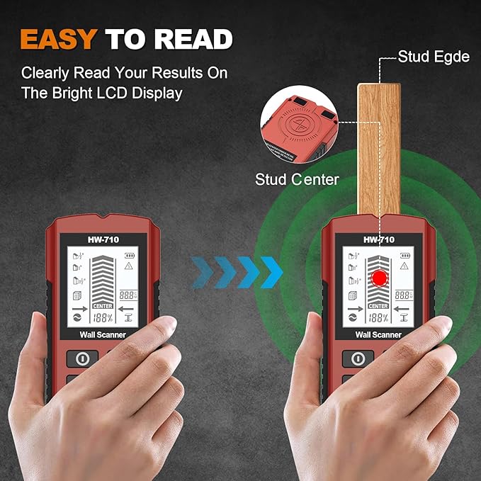 Stud Finder Wall Scanner 5-in-1 Upgraded Chip FOGZUVR -Wall Detector Detect Wood/Metal/AC Wire/Pipe, Wire finder LCD Display & Audio Alarm for Edge/Center Precision, Red Inferno(Without 9V Batteries)