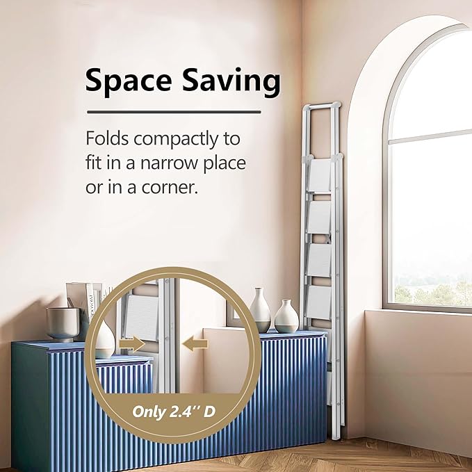 GameGem 6 Step Ladder for 12 Feet High Ceiling, Lightweight Aluminum Folding Step Stool with Convenient Handgrip, Stepladders with Anti-Slip and Wide Pedal for Home Use Space Saving - White