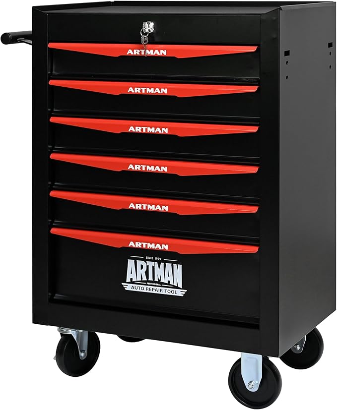 6 Drawers Rolling Tool Box on Wheels, Multifunctional Tool Chest Cabinet with Lock, Drawers Rolling Tool Cart Trolley Organizer Tool Storage Case for Warehouse,Garage,Workshop (Black&Red)