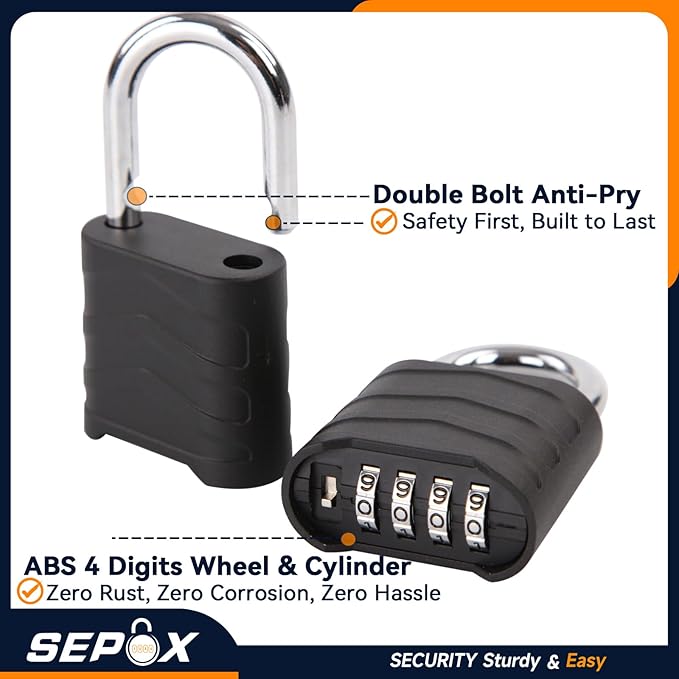 SEPOX 4PCS Large Combination Padlock, Outdoor Combo Lock 2.2" 55mm Heavy Duty Weatherproof, Ressetable 4 Digital, Security Aluminum Body, Uncuttable Shackle, for Warehouse, Home, School, Gate, Garden
