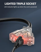 DEWENWILS 2 FT 12/3 Gauge Indoor/Outdoor Tri-Tap Extension Cord Splitter, STW 15 Amp Contractor Grade Heavy Duty Power Cable with LED Lighted Plug, UL Listed, Pack of 3