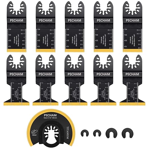 PECHAM 11PCS Titanium Oscillating Saw Blades, Universal Oscillating Multitool Blades Metal Cutting Quick Release for Hard Material Metal Nails Wood Plastic fit Dewalt Rockwell Milwaukee Makita Bosch