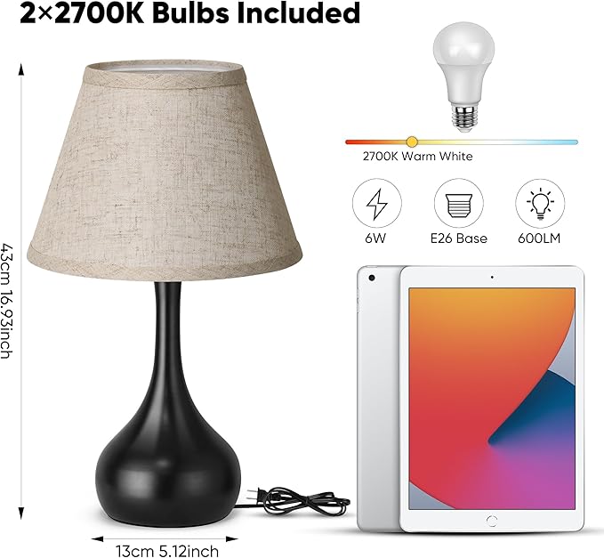 Touch Table Lamp for Bedroom Set of 2, 3-Way Dimmable Bedside Lamp for Nightstand, 17” Farmhouse Metal Desk Lamp with Linen Shade for Living Room, Kids Reading, Dorm, Home Office Decor, Bulb Included