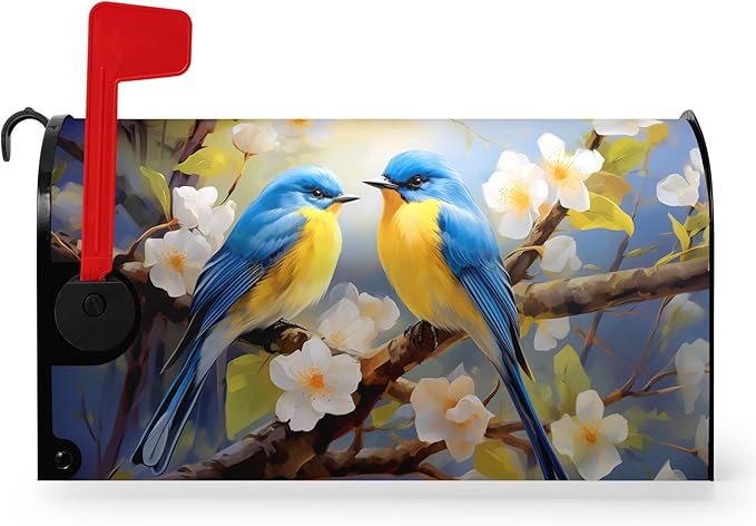 Summer Bird Floral Mailbox Covers Magnetic Oversized Spring Bluebirds Flower Mailbox Cover Large Size 21x25.5 Inch Mailbox Wraps Outdoor Decoration Post Letter Box Cover for Garden Yard