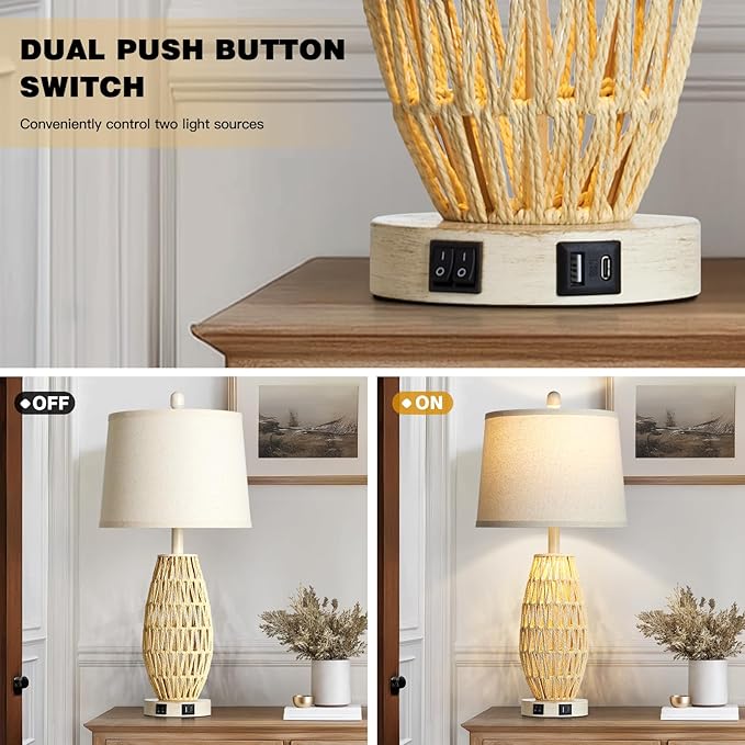 27“ Beige Rattan Table Lamps with Night Light, Boho Bedside Lamps Set of 2, Woven Wicker Bedroom Lamp for Nightstand with USB A+C Charging Port & AC Outlet, Tall Coastal Living Room Lamp