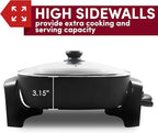 Elite Gourmet EG6201# Extra Deep 12"x12"x3.2" (7.5Qt.) Scratch Resistant Dishwasher Safe, Non-stick Electric Skillet with Glass Vented Lid, Adjustable Temperature, Black