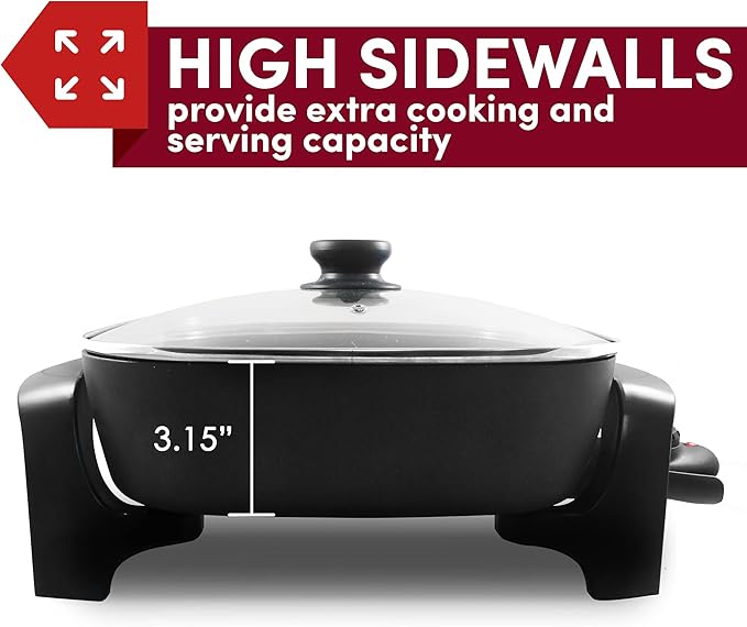Elite Gourmet EG6201# Extra Deep 12"x12"x3.2" (7.5Qt.) Scratch Resistant Dishwasher Safe, Non-stick Electric Skillet with Glass Vented Lid, Adjustable Temperature, Black