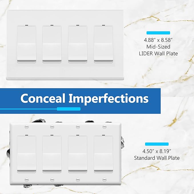 LIDER Matte Finish Quadruple Decorator Switch Cover, Screwless Wall Plate, Mid-Size 4-Gang 4.88" x 8.58", Polycarbonate Thermoplastic, UL Listed, LSWP-34M-W2P, White, 2 Pack