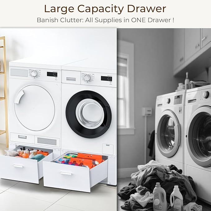 SKM 29" Washer & Dryer Pedestals with Drawer - 2 Pack Laundry Stand Raiser, 14.3" Height, Steel Construction, White