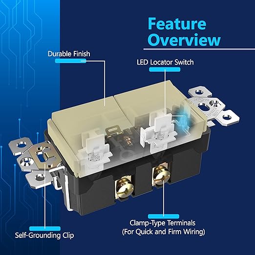 LIDER Minimalist Design Matte Finish Lighted Double Switch with Screwless Wall Plate, Combination Frameless Decorator Switch with Locator Light, Ground Terminal Single Pole, 15A 120V, UL Listed, Ivory