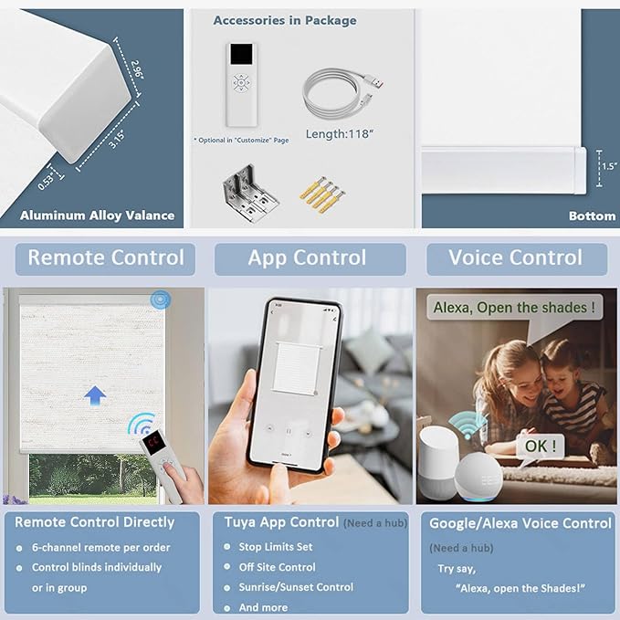 Motorized Blinds with Remote Cordless Automatic Motorized Shades Custom Blinds for Windows Smart Curtains Compatible with Alexa Google Home(Blackout Linen Sandy Beach,W40 x H72in)