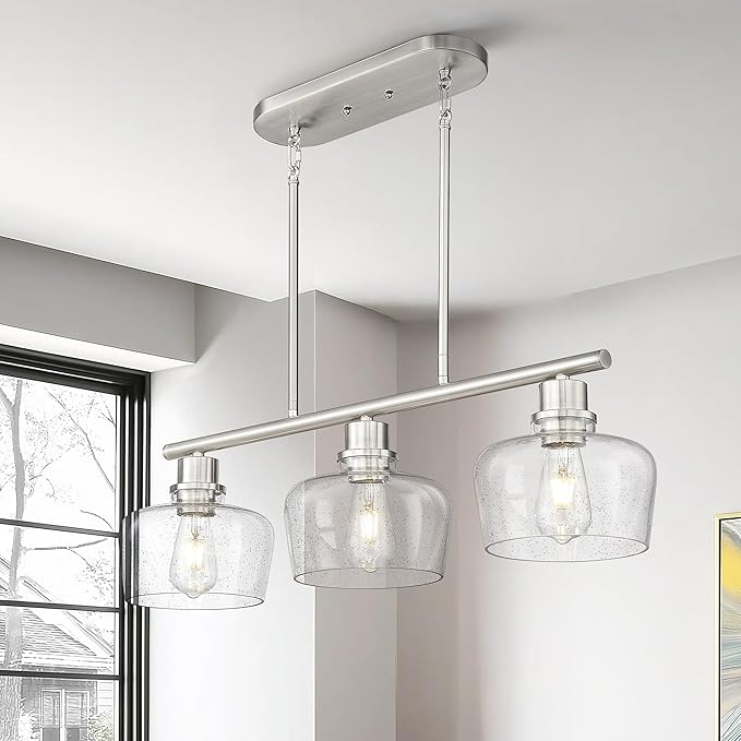 Emak 32 Inch Dining Room Light Fixtures Over Table, Brushed Nickel Kitchen Island Lighting with Seeded Glass Shade, 3-Light Linear Chandelier Light for Kitchen Island, Dining Room, Bar, IL122-BN-SG-3