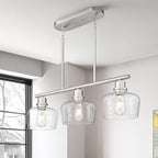 Emak 32 Inch Dining Room Light Fixtures Over Table, Brushed Nickel Kitchen Island Lighting with Seeded Glass Shade, 3-Light Linear Chandelier Light for Kitchen Island, Dining Room, Bar, IL122-BN-SG-3