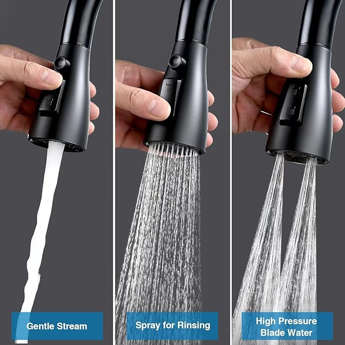 Metal Kitchen Faucet Head Replacement, 3 Functions Kitchen Faucet Head High Pressure, Matte Black Pull Down Kitchen Sink Sprayer Replacement with 9 Adapters Compatible with Most Faucets