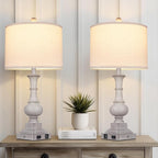 26" Farmhouse Table Lamps Set of 2, Rustic Touch Control Bedside Lamps with 2 USB Ports & AC Outlet, Vintage Resin 3-Way Dimmable Nightstand Lamp Linen Fabric Shade for Living Room Bedroom Decor Gray