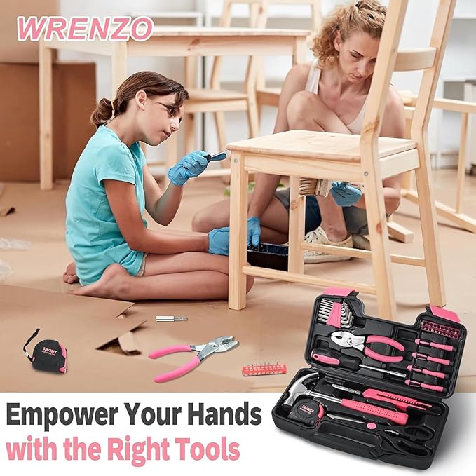 39-Piece Household Tool Set in - Perfect for Home, Garage, Office and Dorm Use - Essential Tools for The Whole Family (Pink)