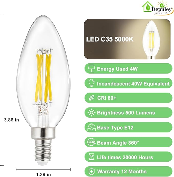 Depuley LED Light Bulbs E12: 6-Pack Candelabra Candle Light Bulb 4W Equivalent 40W - Edison Vintage Bulbs Daylight 5000K C35 Clear Bulb 500 LM 80+CRI Non-Dimmable