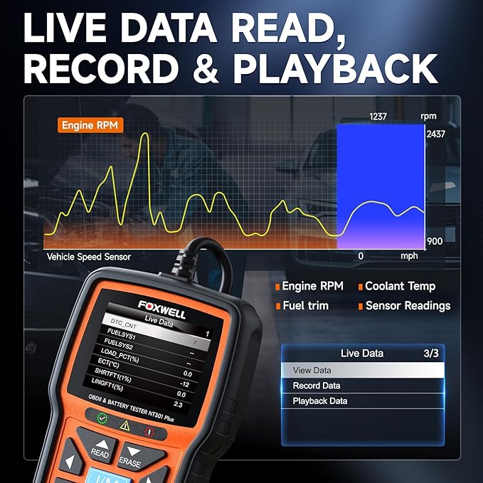 (Upgraded of NT301)FOXWELL NT301 Plus 2-in-1 OBD2 Scanner Battery Tester, Professional Check Engine Code Reader Car Diagnostic Tool, 12V 100-1100CCA Cranking Charging Analyzer for 1996+ Newer Vehicle