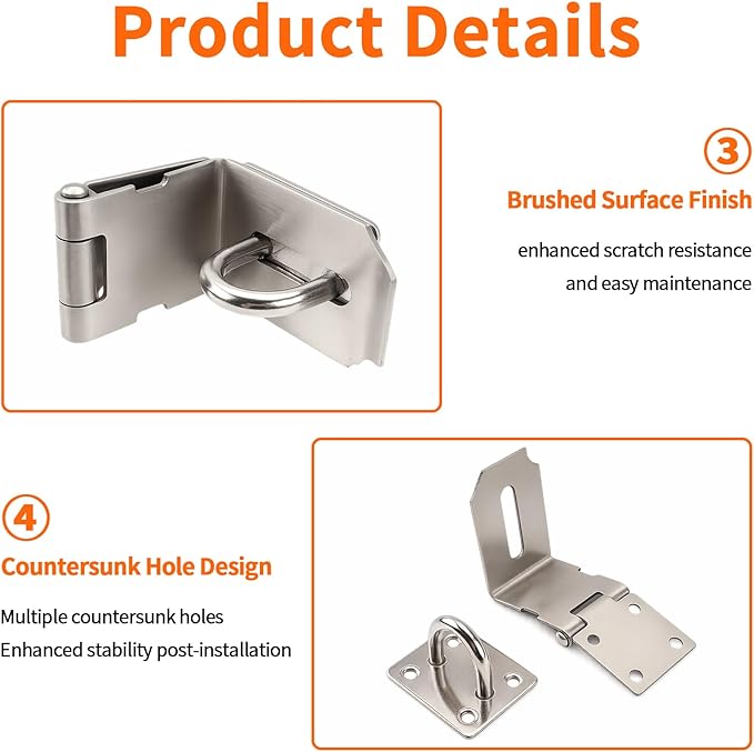HOWDIA 4 Inch Door Hasp Latch 90 Degree, Stainless Steel Safety Right Angle Padlock Hasp Locking Latch Security Door Clasp Hasp Lock Latch for Push/Sliding/Barn Door, 2mm Thick, Brushed Silver