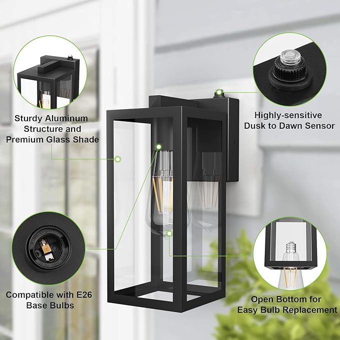 Aipsun Outdoor Wall Lantern 2 Packs with Dusk to Dawn Sensor, Matte Black Sensor Exterior Light Fixtures,Exterior Wall Sconce with Clear Glass Shade(2700K E26 Bulbs Include)