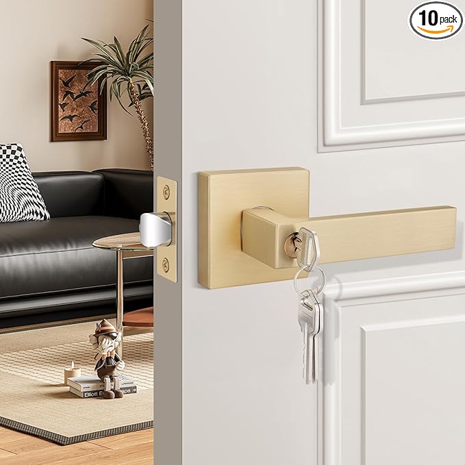 EHOMEWARE 10 Pack Gold Door Handles, Entry Door Levers with Keys, Not Keyed Alike - Interior Door Lever Door Handle with Modern Contemporary Design for Home Bedroom or Living Room