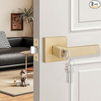 EHOMEWARE 2 Pack Gold Door Handles, Entry Door Levers with Keys, Not Keyed Alike - Interior Door Lever Door Handle with Modern Contemporary Design for Home Bedroom or Living Room