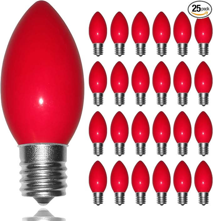 C9 Red Valentines Christmas Light Bulbs, 25 Pack Ceramic Red Replacement Light Bulbs, E17 Intermediate Base Edison Bulb for Outdoor Christmas Lights Valentines Decor Lights, 7 Watts