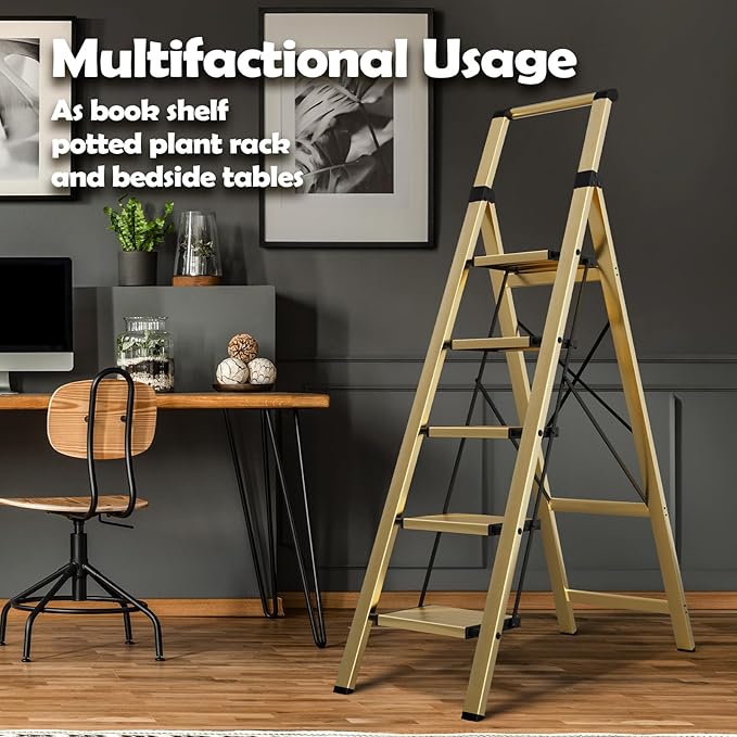 Taranta 5 Step Ladder, Portable Folding Ladder with Wide Pedal, Lightweight Aluminum Step Stool with Convenient Handgrip, 330 lbs Capacity Stepladder for Home, Office - Gold