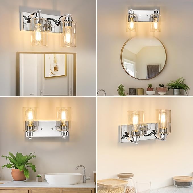 2-Light Bathroom Light Fixtures Modern Chrome Vanity Lights for Bathroom Lighting Fixtures Over Mirror with Clear Glass Shade for Cabinet Mirror Bedroom Hallway