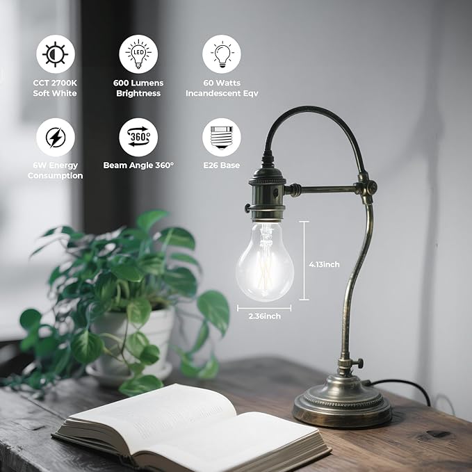 Dimmable E26 LED Bulb 6W, 60 watt Equivalent, A19 Clear Glass LED Light Bulb 5000K Daylight, Vintage LED Edison Bulbs for Ceiling Fan, 90+CRI, 600LM, 4 Pack